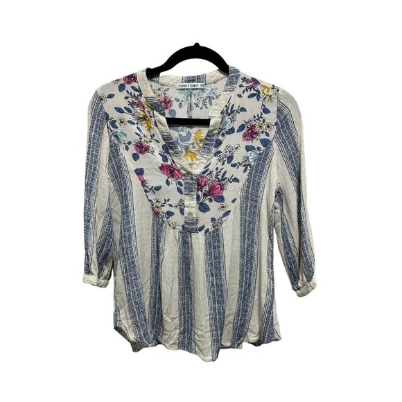 Figueroa And Flower Peasant Top Womens Petite Medium Floral Striped‎ Short Boho - Picture 1 of 10